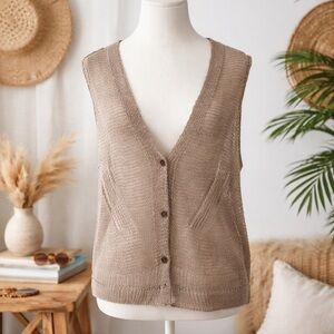 Sheer Open Knit Button Vest Womens S Neutral Boho Coastal Layering Top